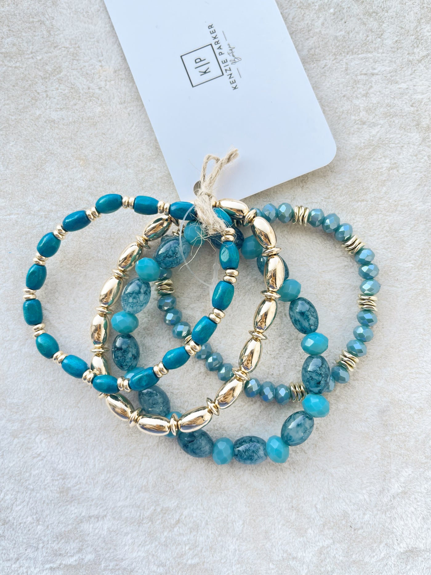 Turquoise 4 Row Glass&Wood Bead Bracelet