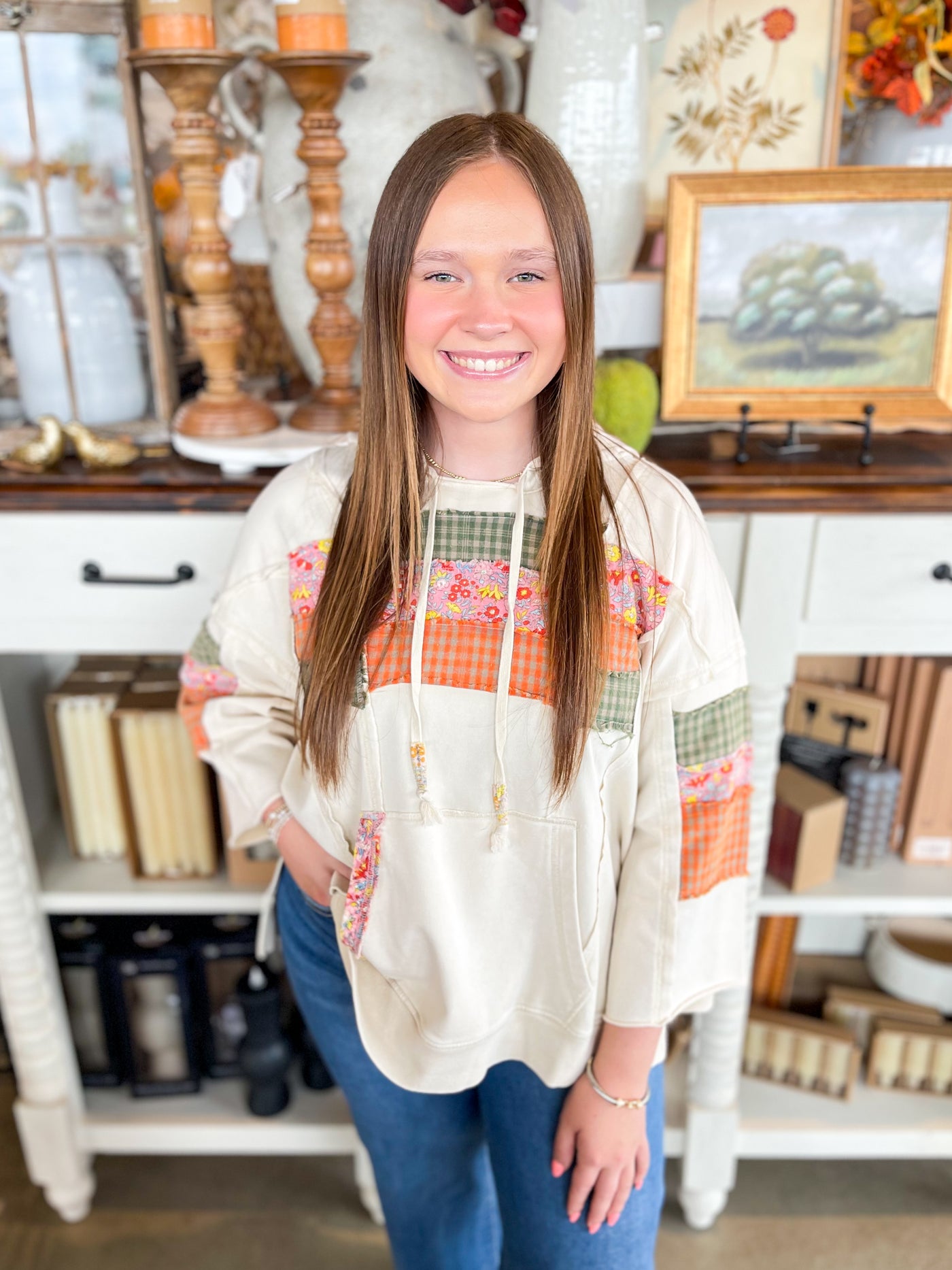 Ecru 3/4 Sleeve Mineral Print Paula Top