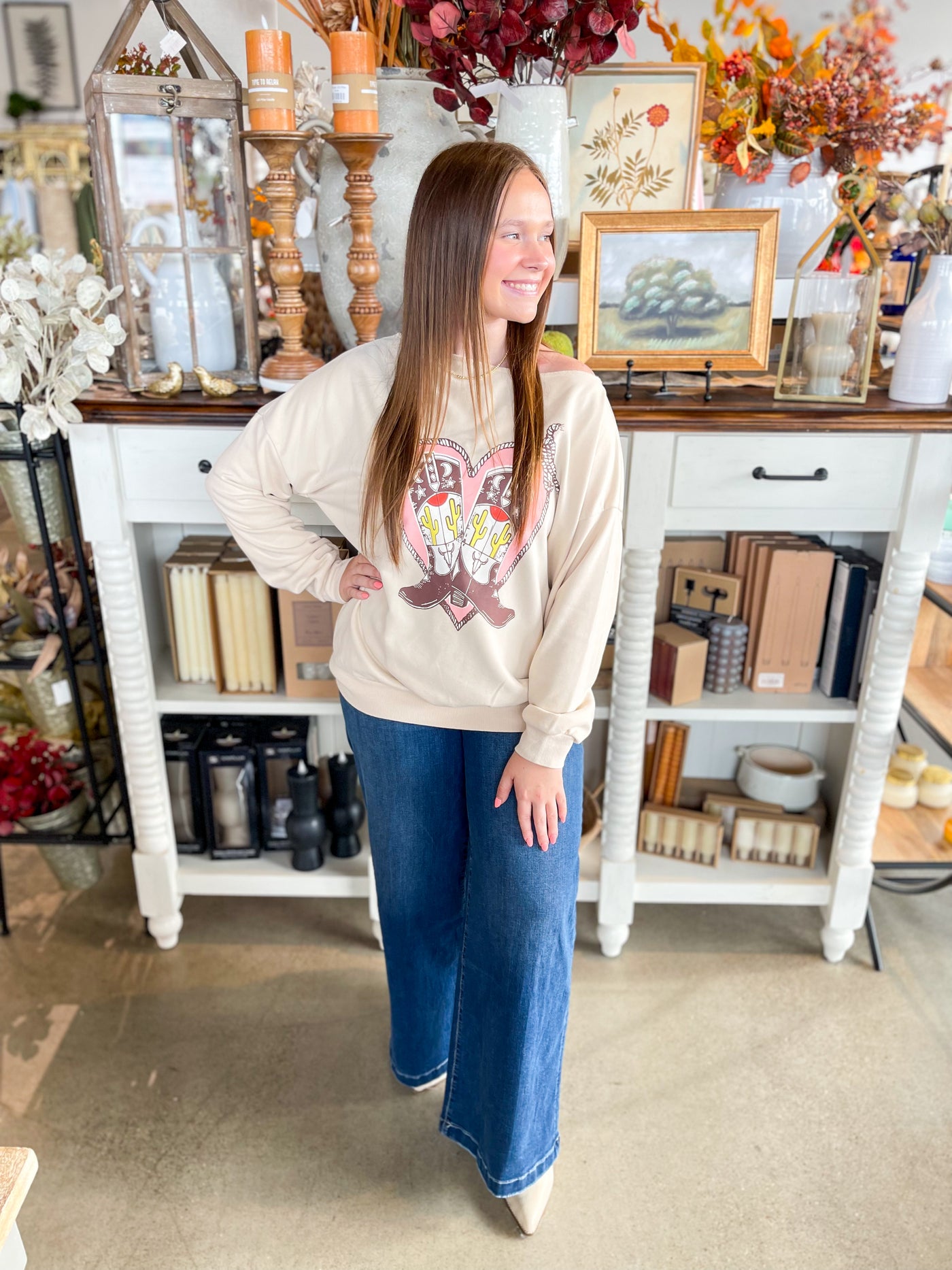 Easel Heart Boots Print Sweatshirt