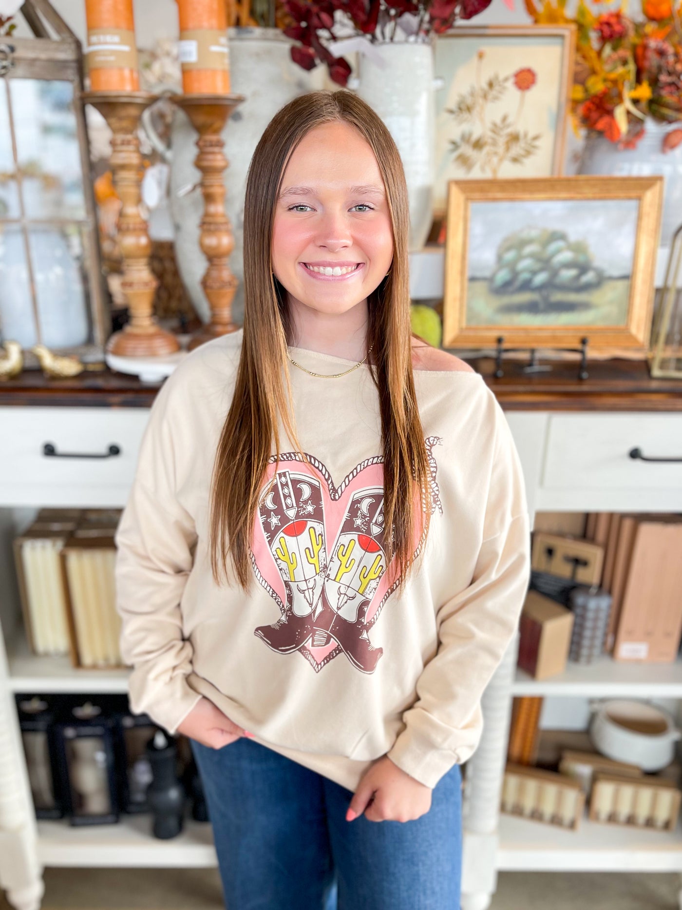 Easel Heart Boots Print Sweatshirt