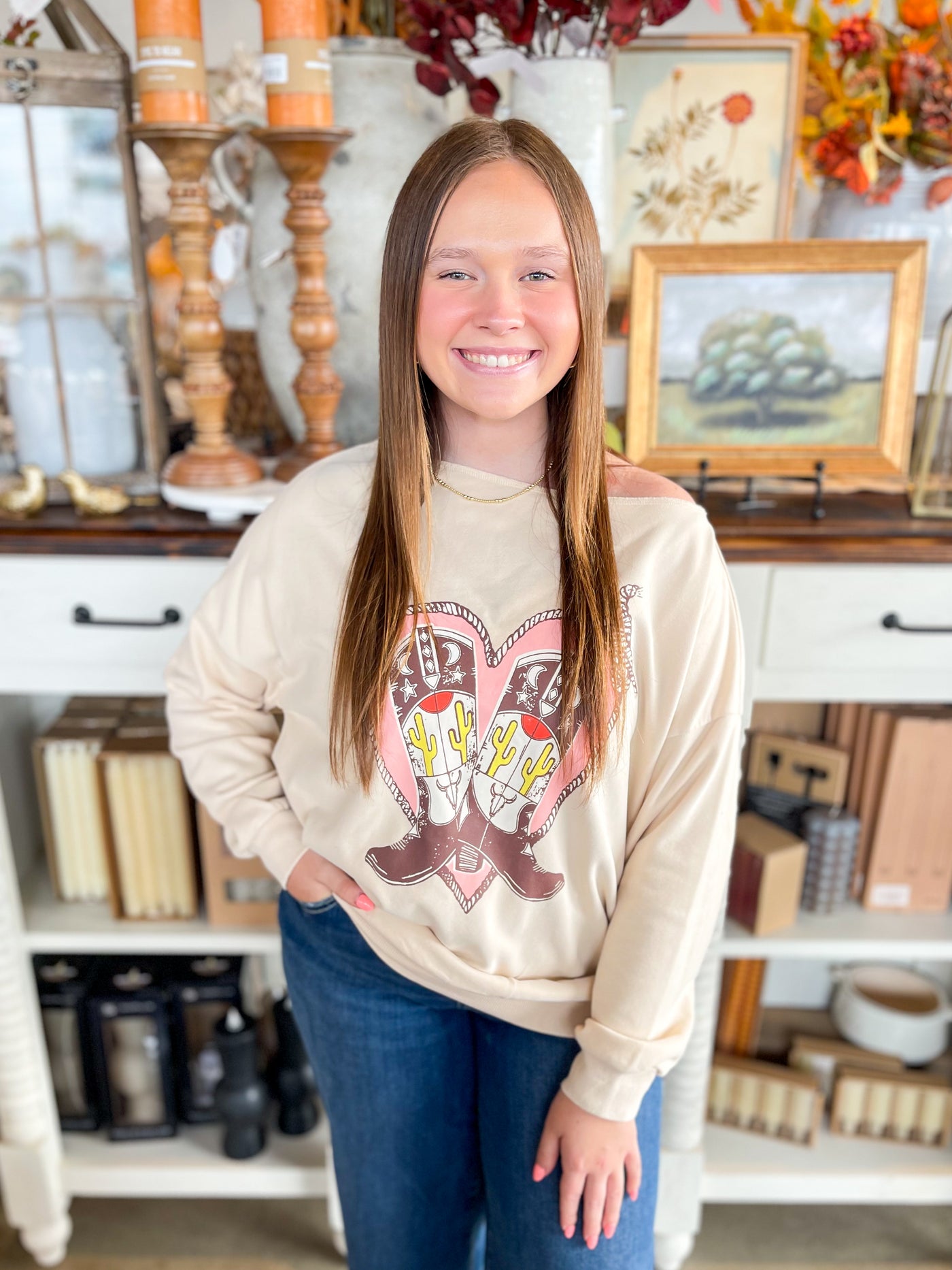 Easel Heart Boots Print Sweatshirt