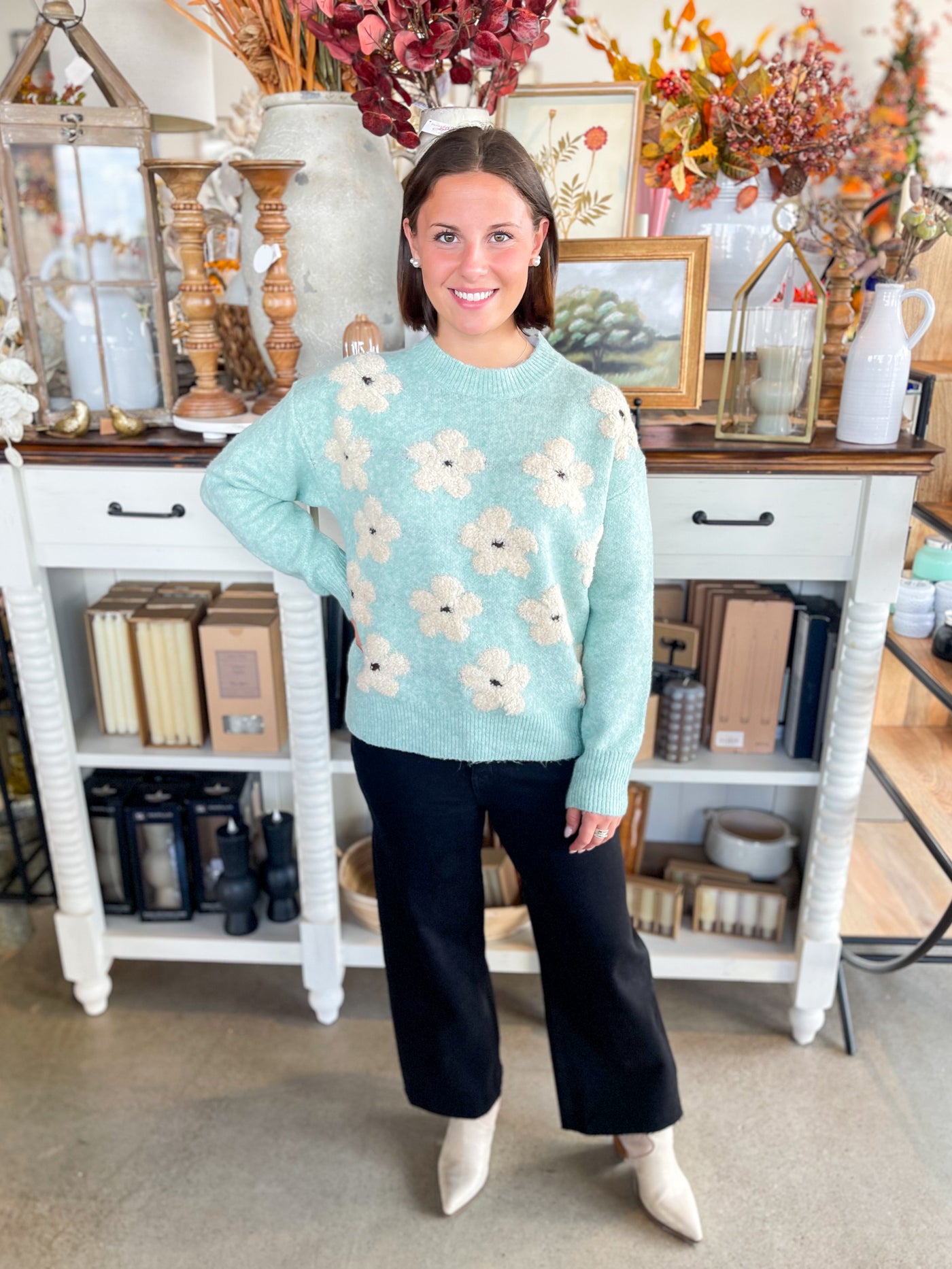 Blue Floral Crewneck Sweater