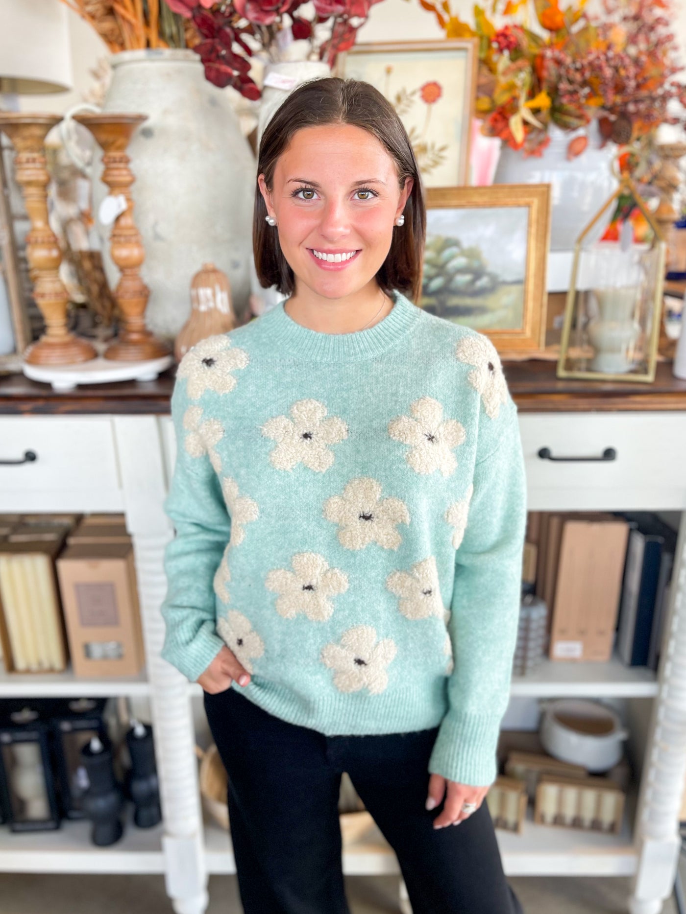 Blue Floral Crewneck Sweater