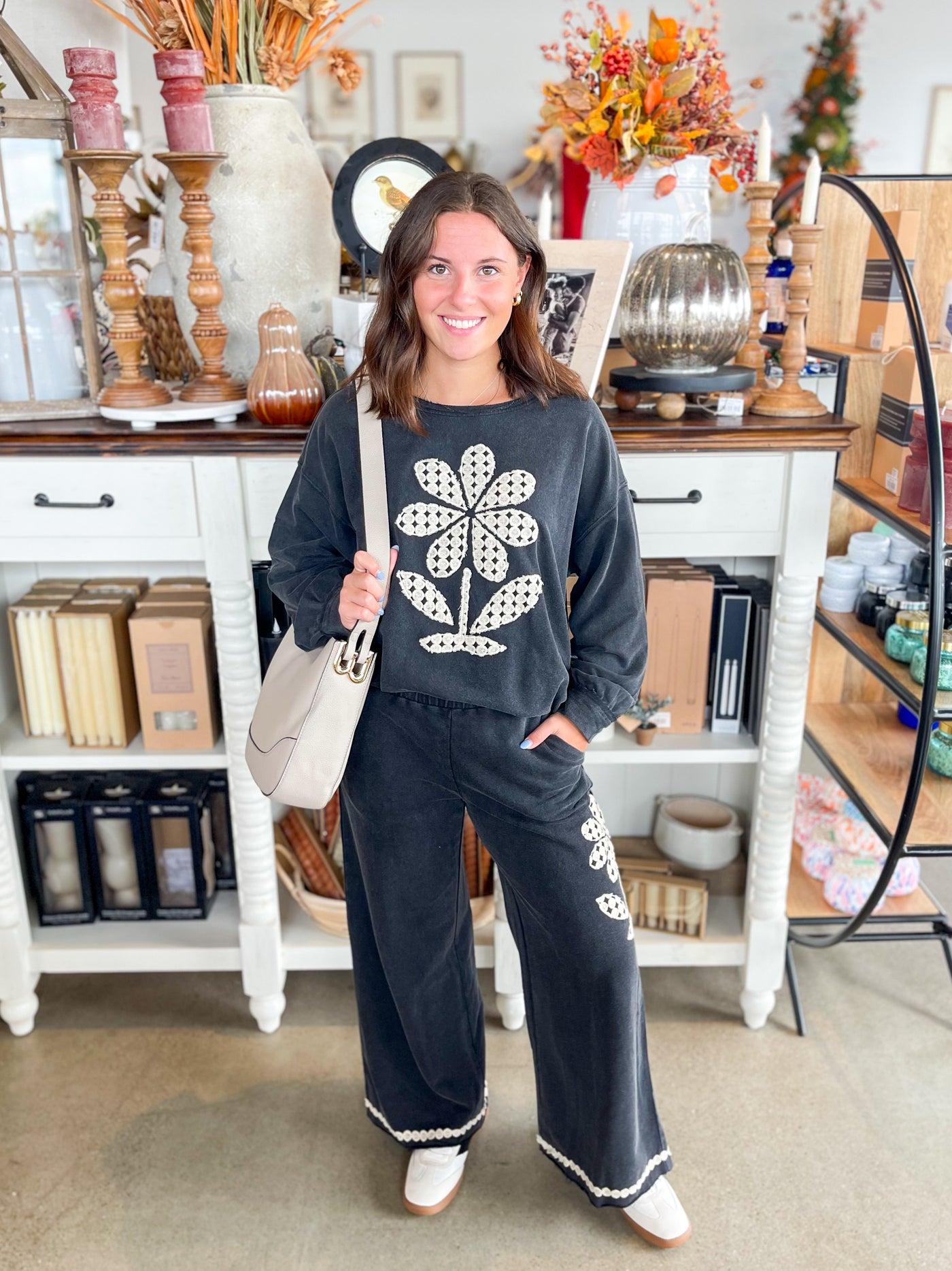 Umgee Charcoal Daisy Top Pant Set