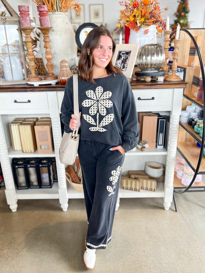 Umgee Charcoal Daisy Top Pant Set