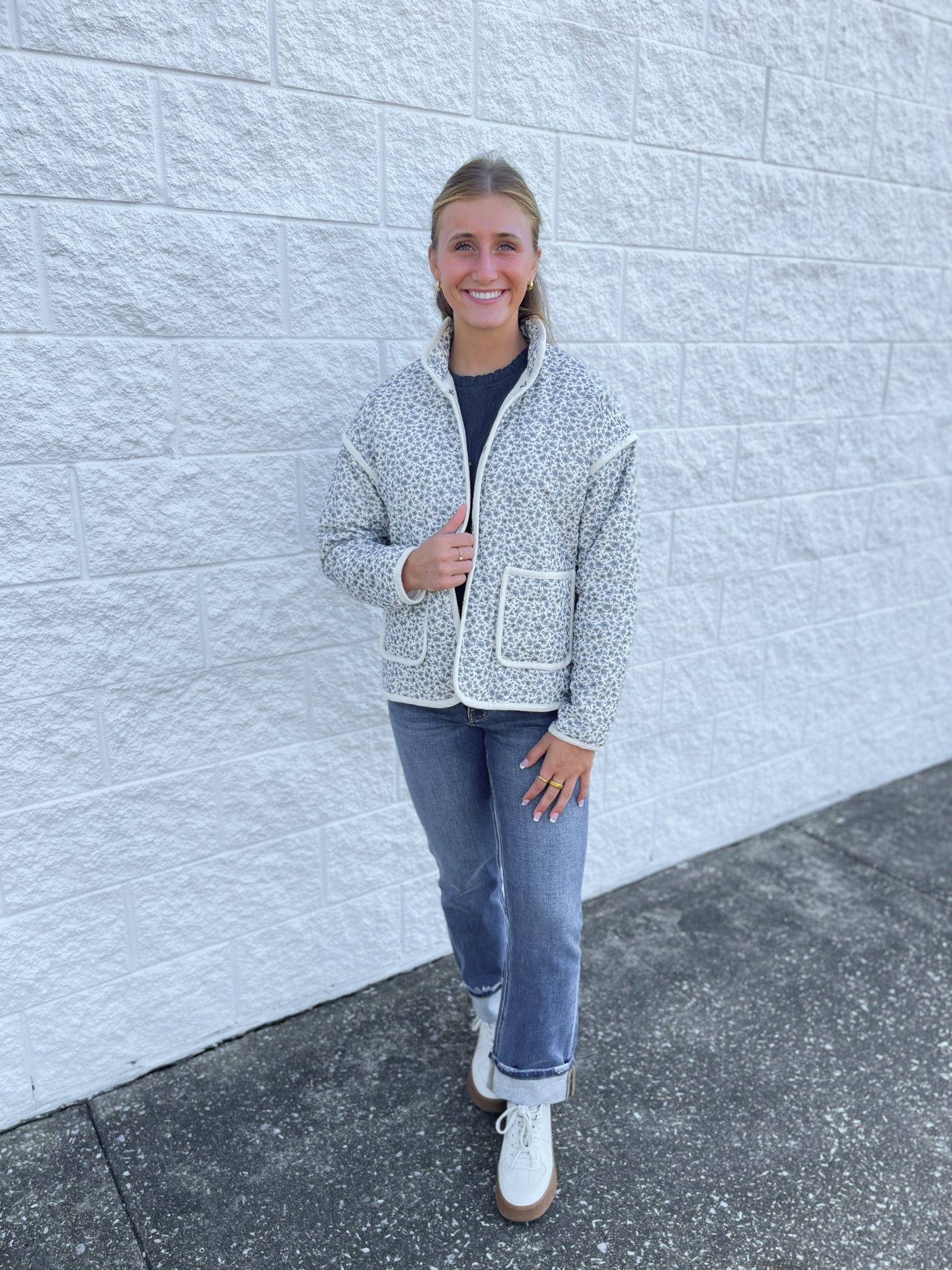 Navy cotton floral padded jacket