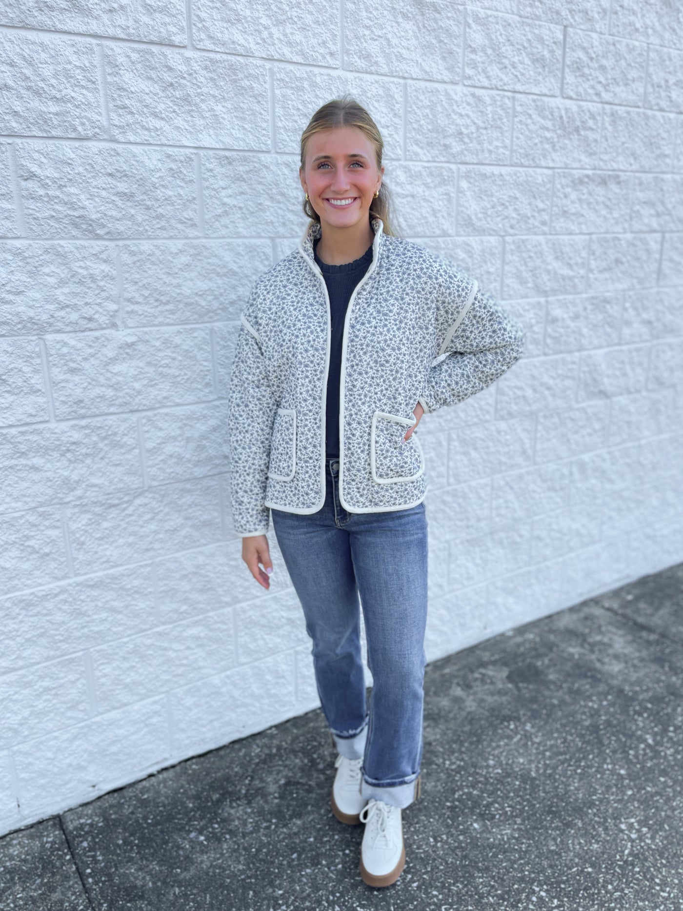Navy cotton floral padded jacket