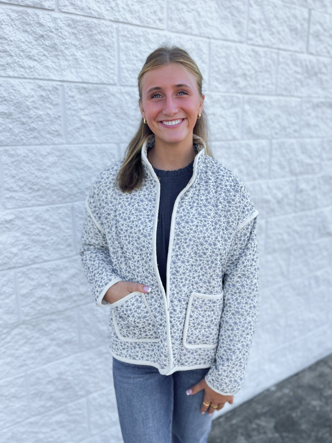 Navy cotton floral padded jacket