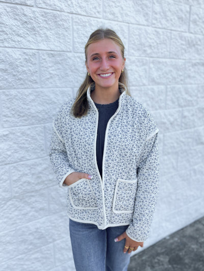 Navy cotton floral padded jacket