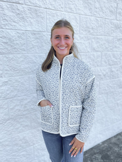 Navy cotton floral padded jacket