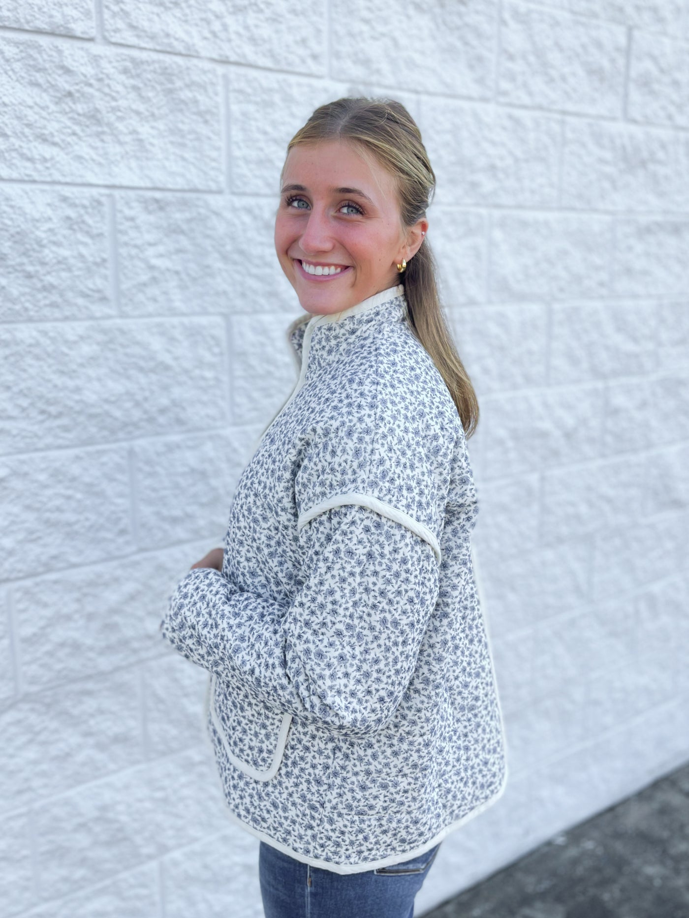 Navy cotton floral padded jacket