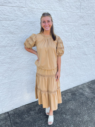 Pintuck Detail Tan Skirt/Top Set