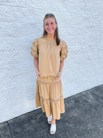 Pintuck Detail Tan Skirt/Top Set