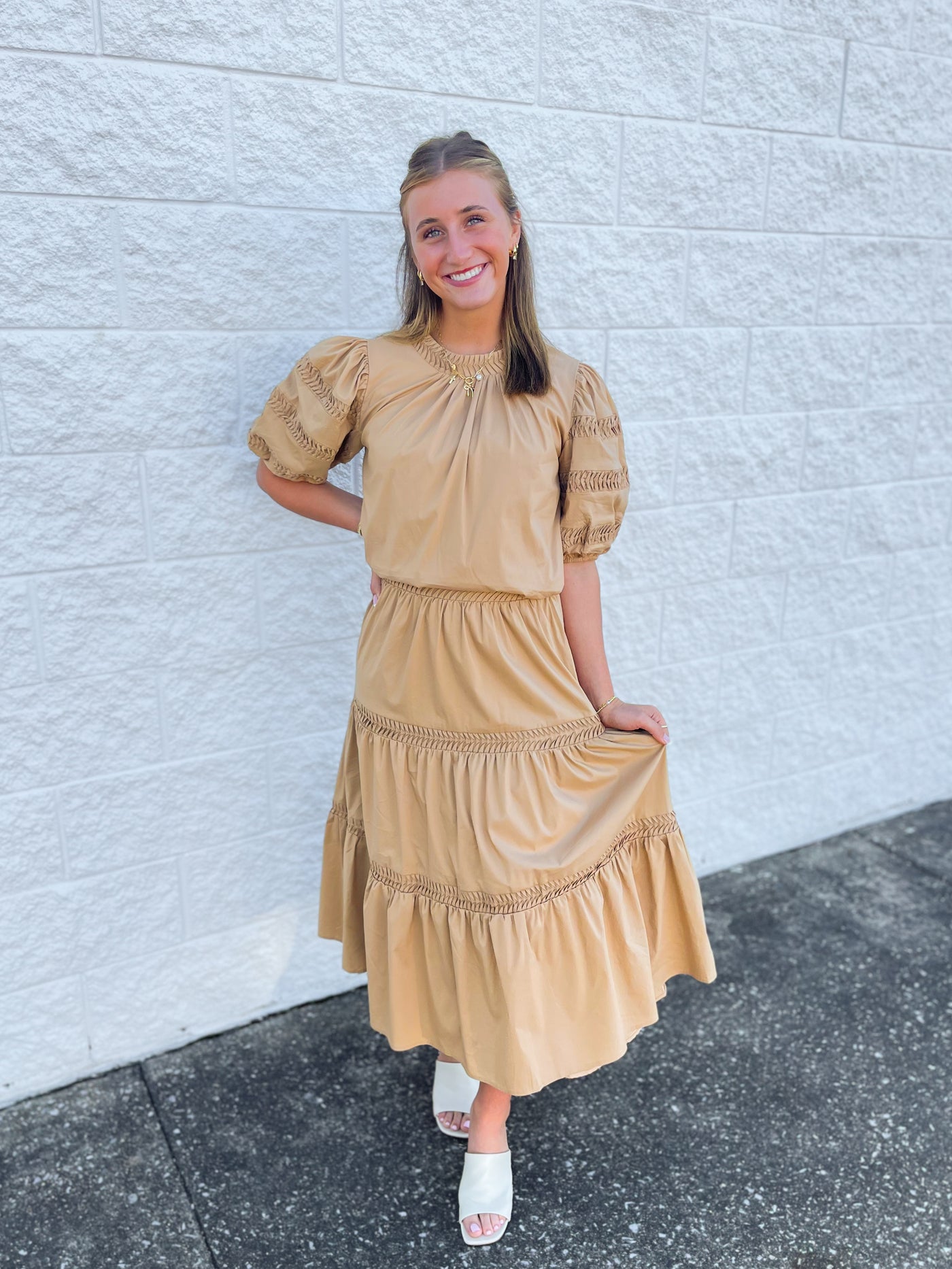 Pintuck Detail Tan Skirt/Top Set