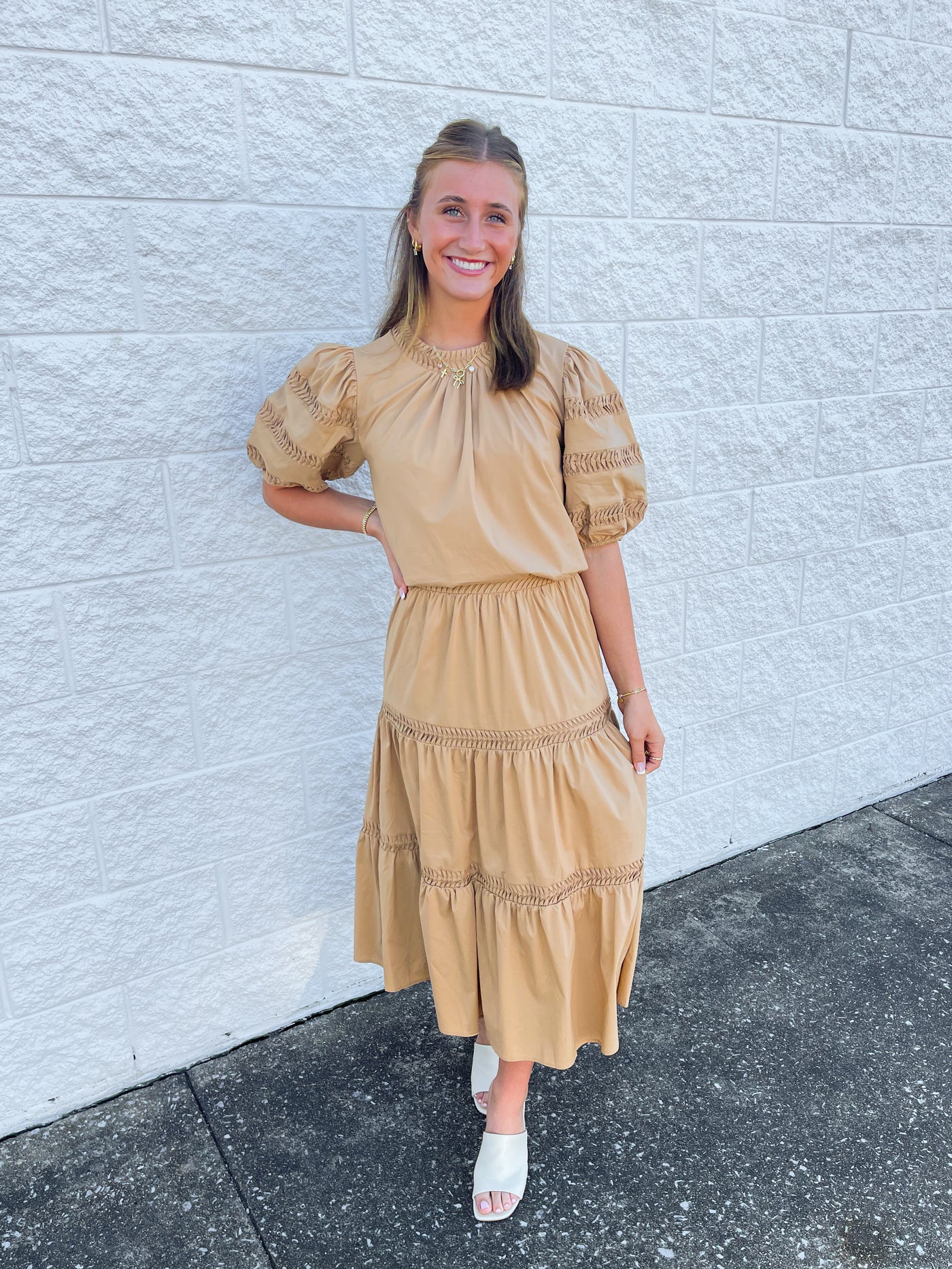 Pintuck Detail Tan Skirt/Top Set