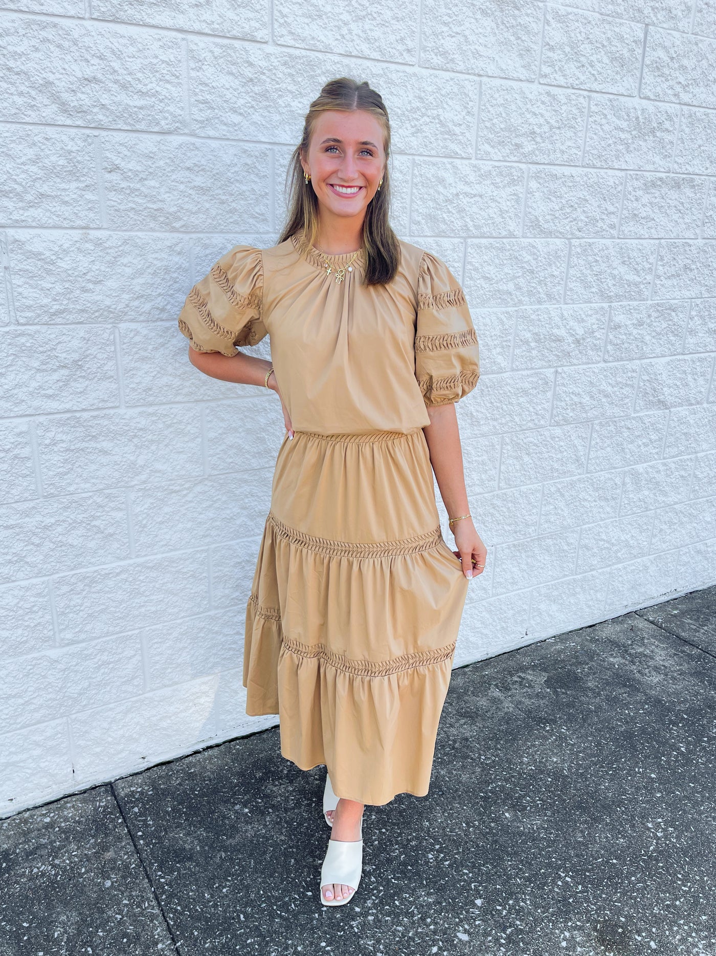 Pintuck Detail Tan Skirt/Top Set