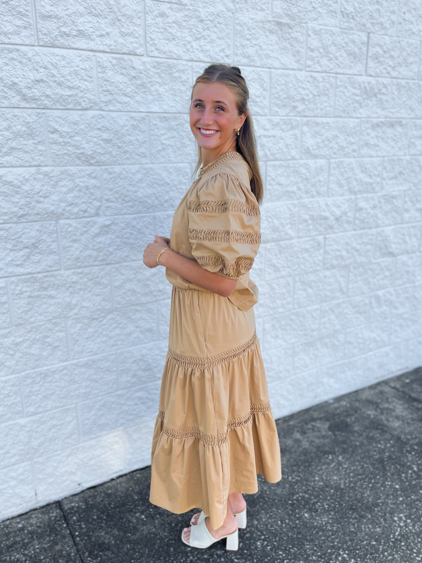 Pintuck Detail Tan Skirt/Top Set