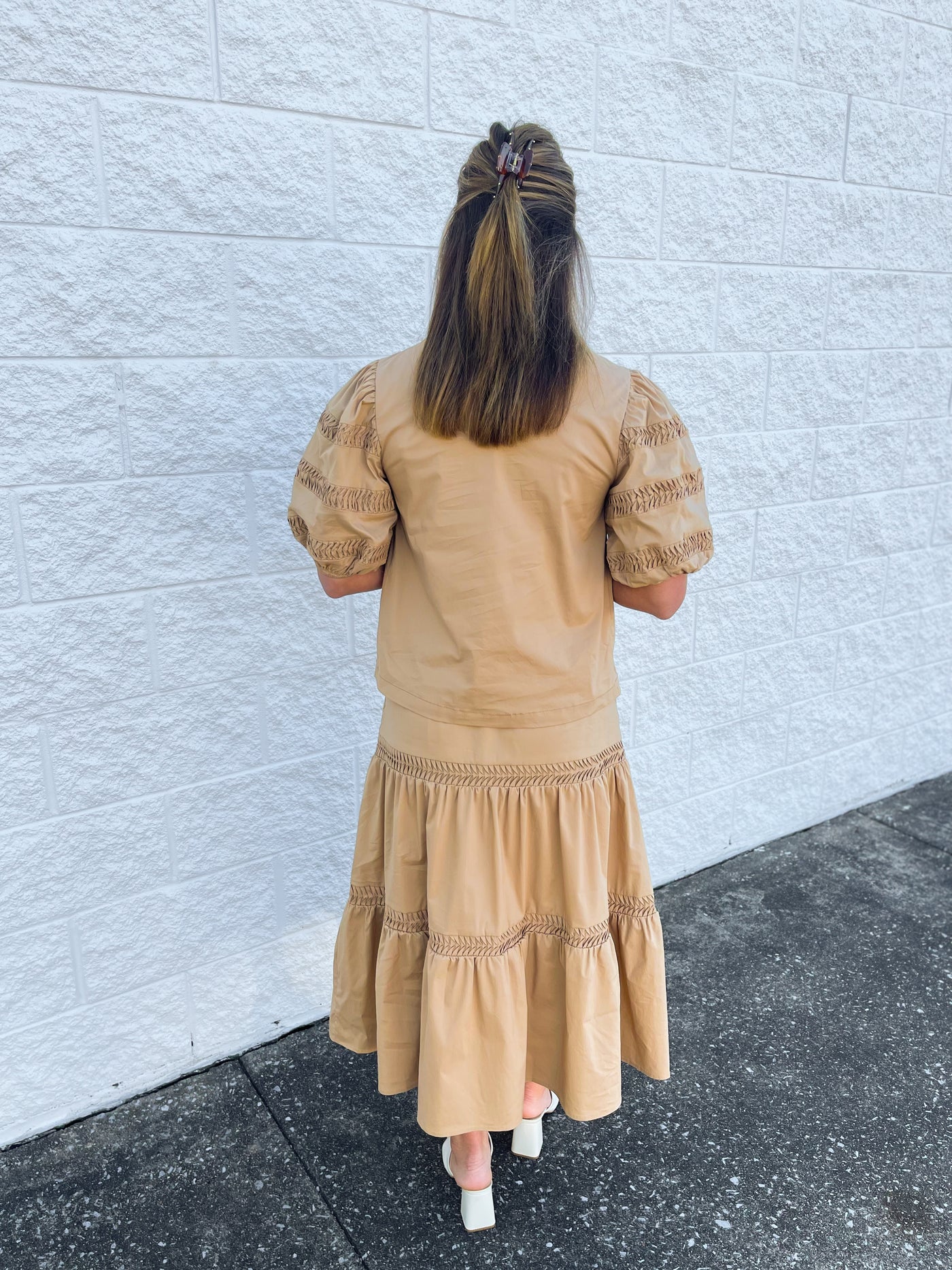 Pintuck Detail Tan Skirt/Top Set