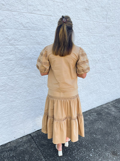 Pintuck Detail Tan Skirt/Top Set