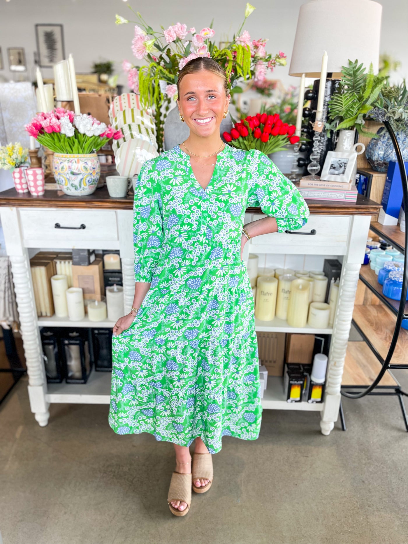 green dress with white daisies Cameron Daisy Chain Green Dress