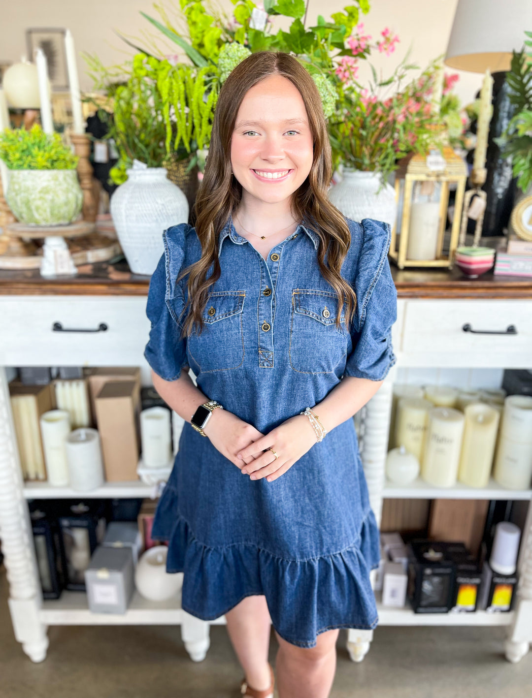 easel denim dress Button Down Tiered & Washed 49.5 Sleeve Length Easel Washed Denim Enzyme Washed