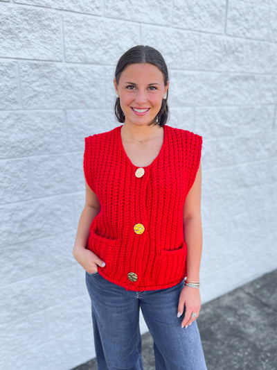 Red Sleeveless Chunky Sweater Vest