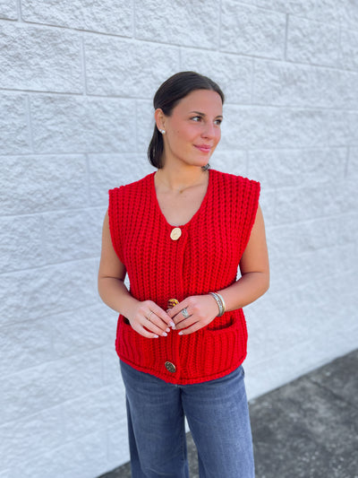 Red Sleeveless Chunky Sweater Vest