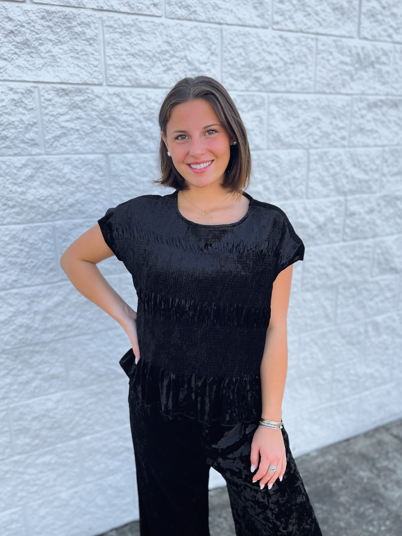 Umgee Black Cap Sleeve Velvet Top