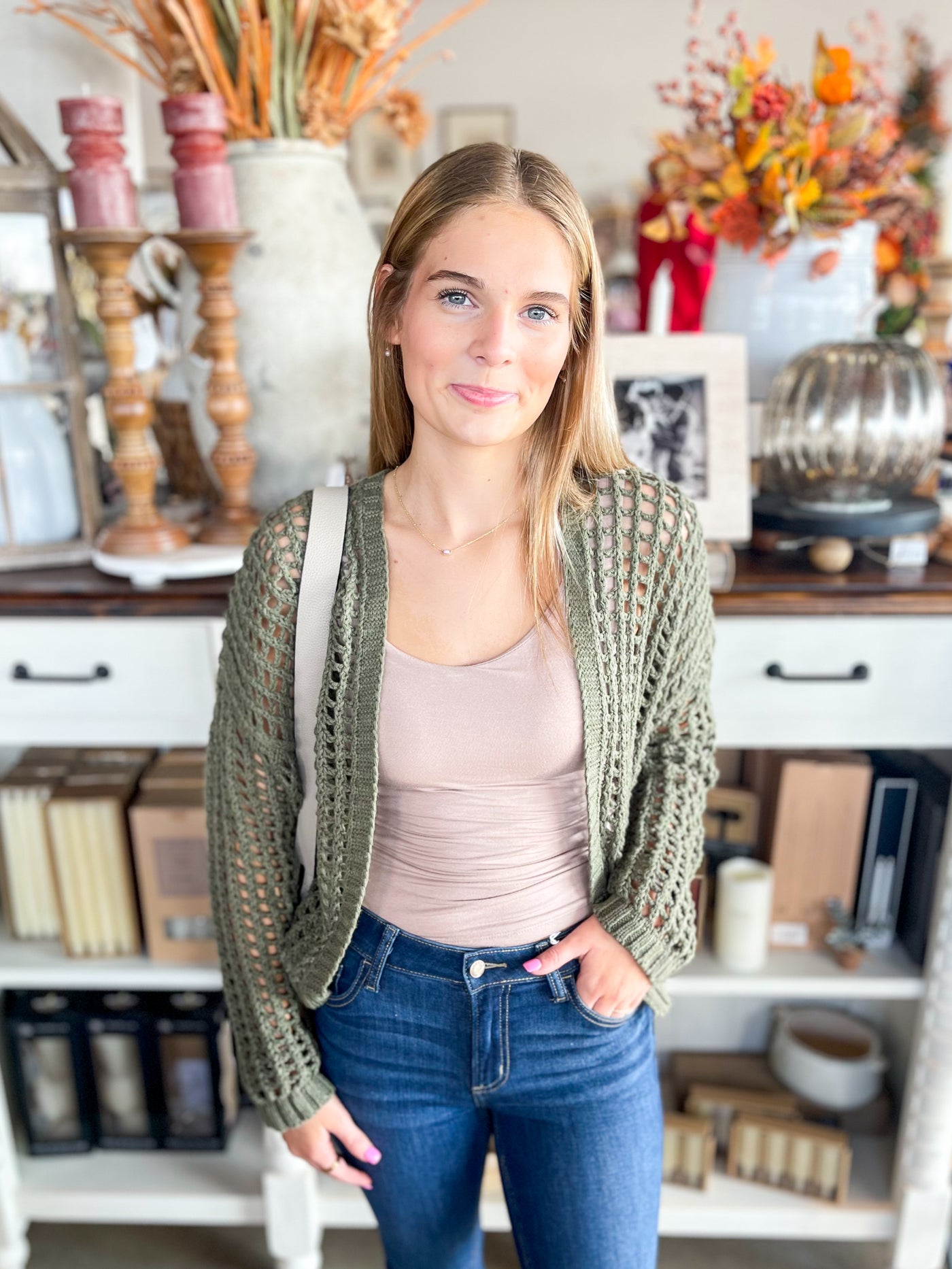 Olive Fishnet Cardigan