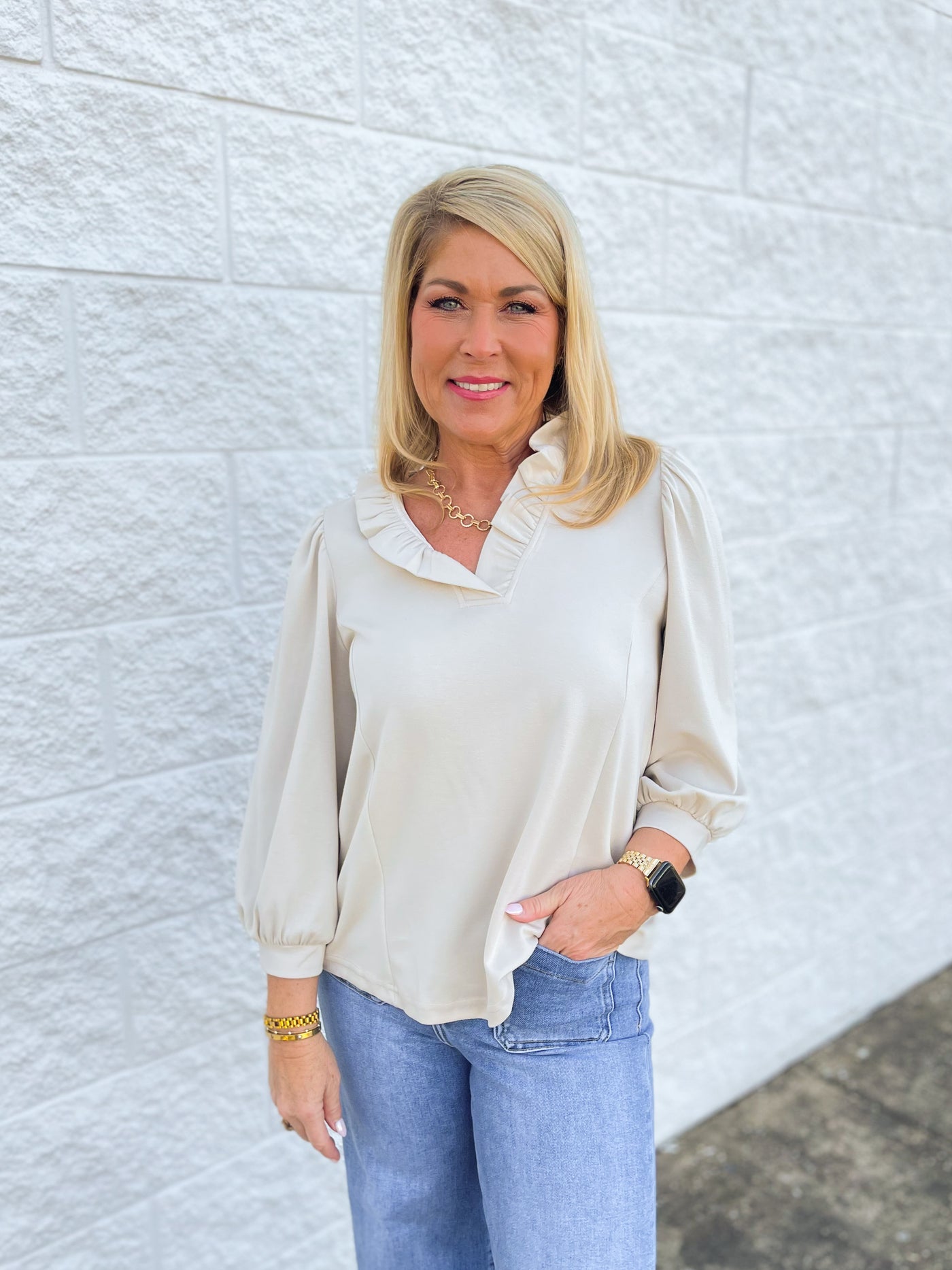 Umgee Ecru Luxeknit Puff Sleeve