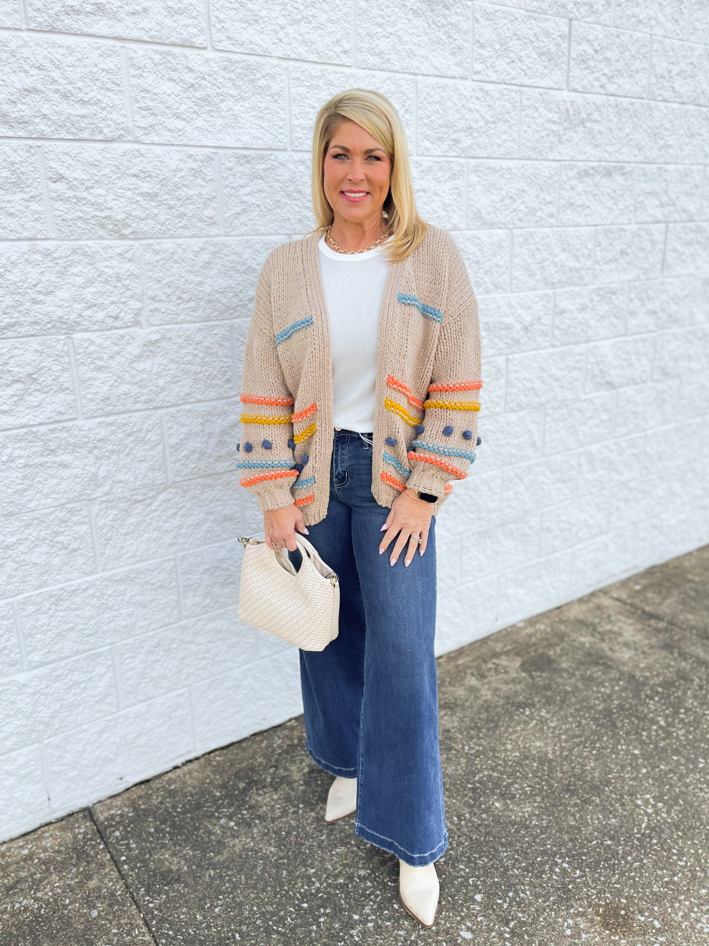 C.C. Color Block Pom Pom Cardigan