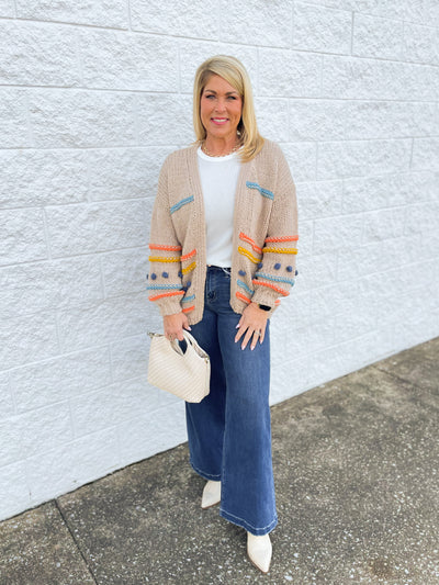 C.C. Color Block Pom Pom Cardigan