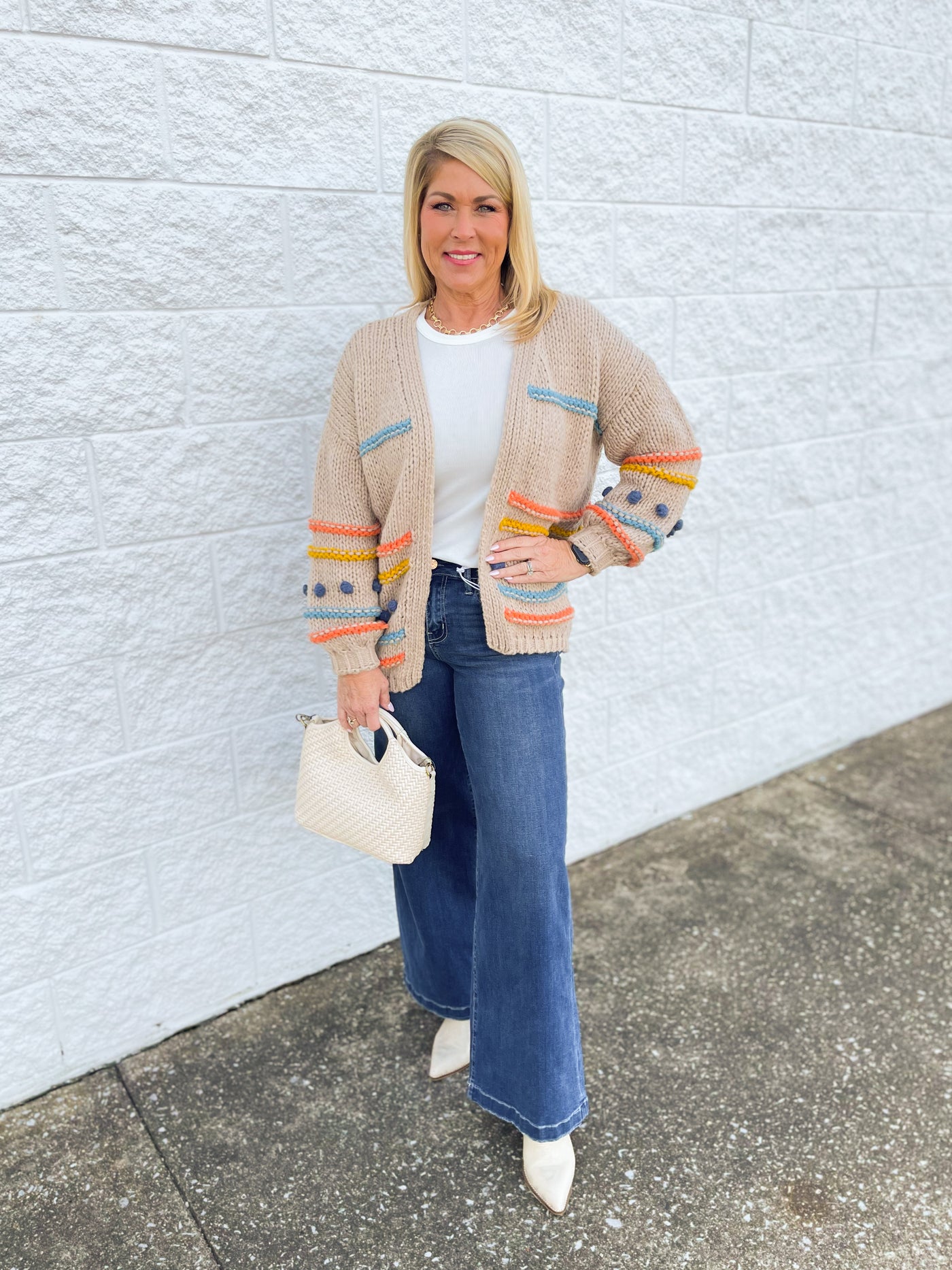 C.C. Color Block Pom Pom Cardigan