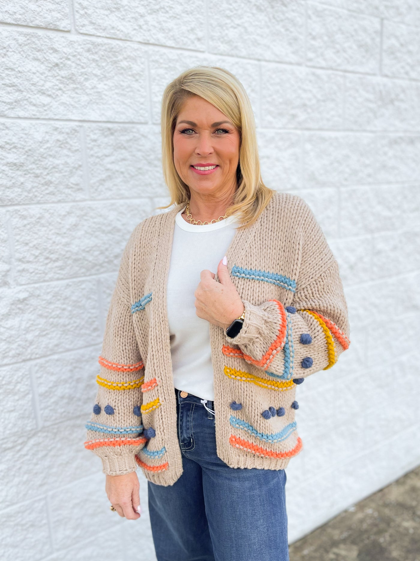 C.C. Color Block Pom Pom Cardigan