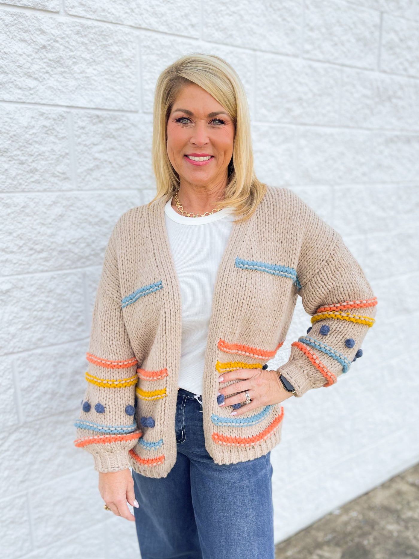 C.C. Color Block Pom Pom Cardigan