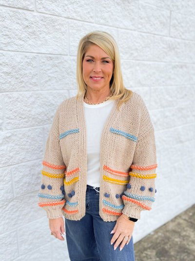 C.C. Color Block Pom Pom Cardigan