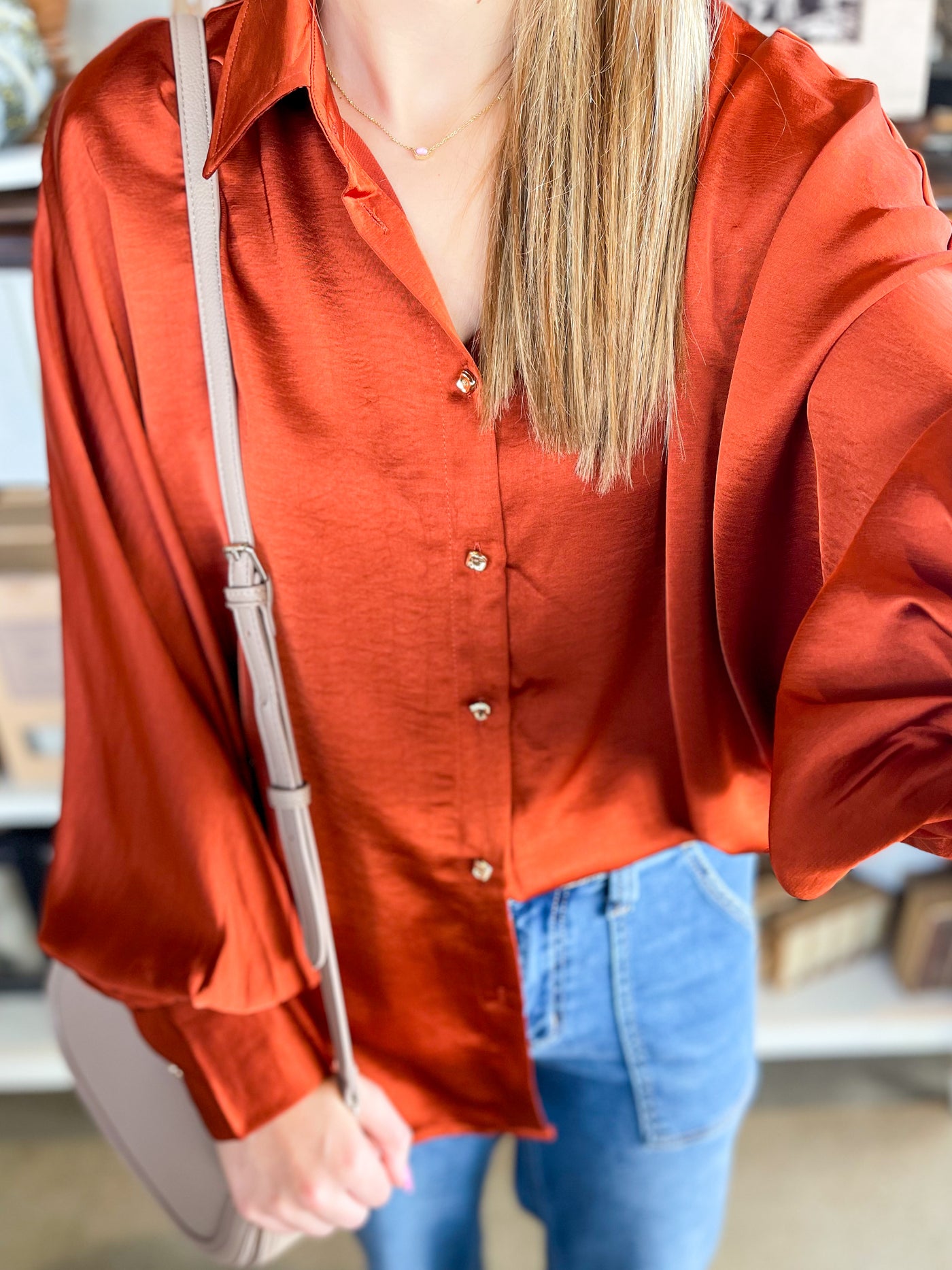 Rust Glam Voluminous Sleeve Blouse