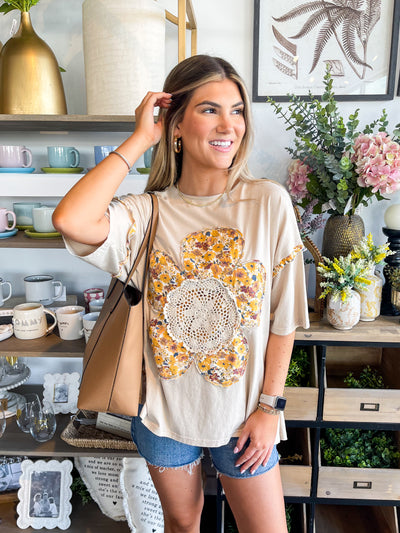 Easel Khaki Flower Patch Top