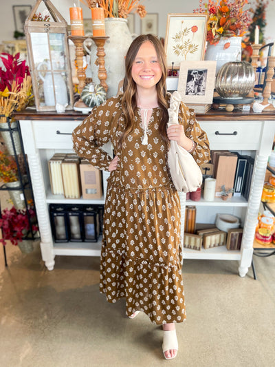 small white pattern details on a brown maxi long-sleeve dress with cream neck tie closure 