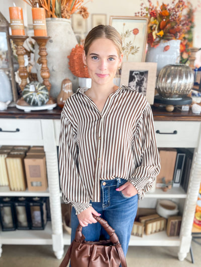 stunning brow and cream stripe button up top 