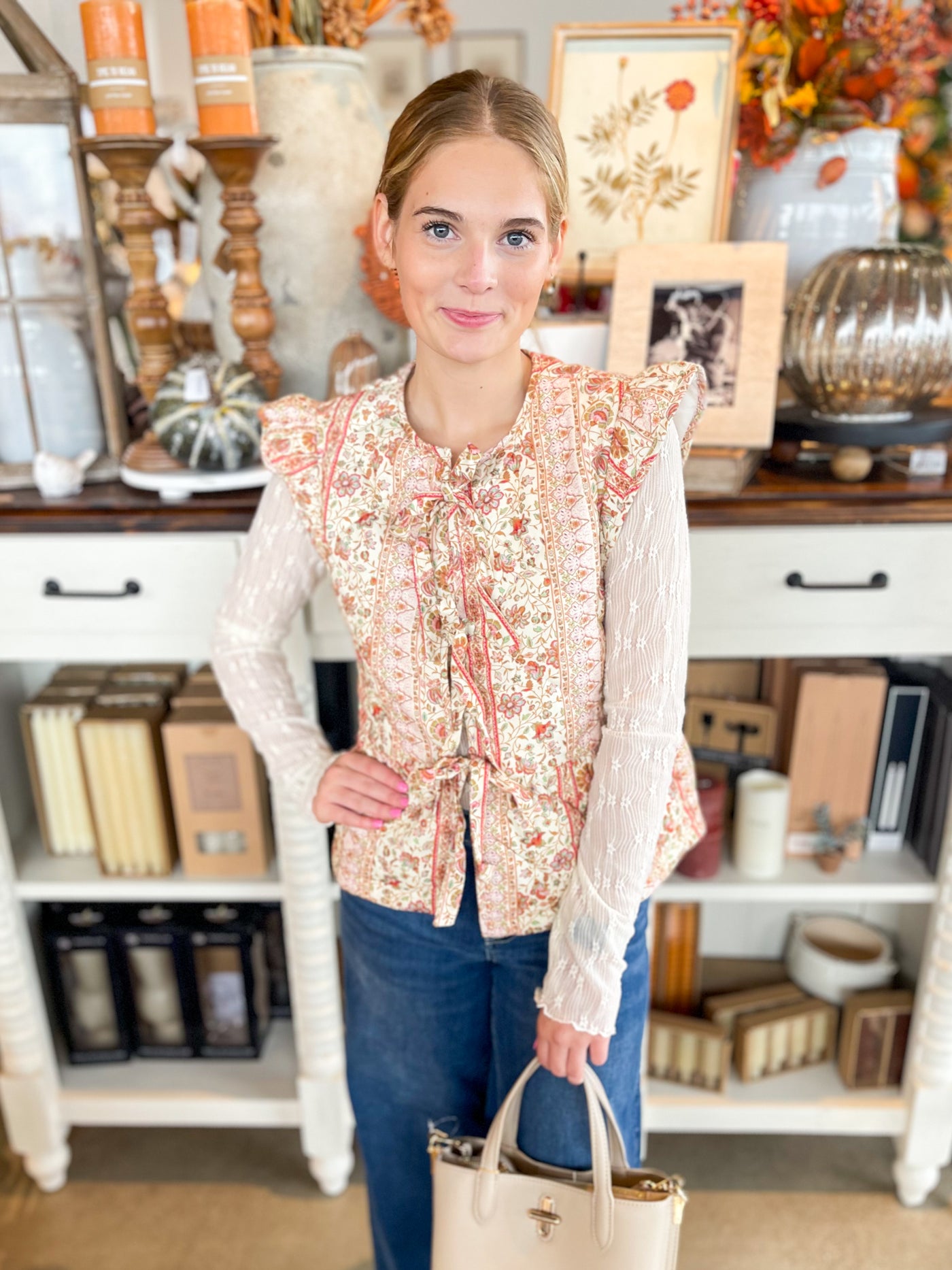 Cream Multi Floral Sleeveless Flutter Vest