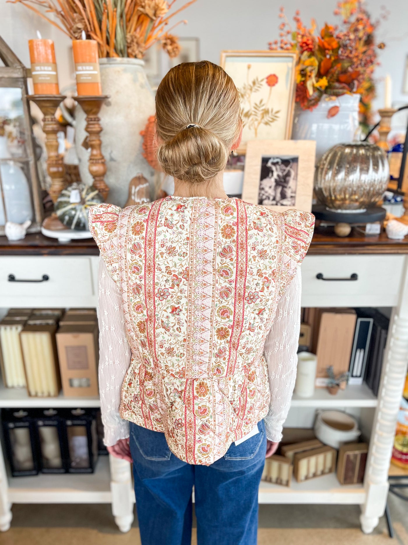 Cream Multi Floral Sleeveless Flutter Vest
