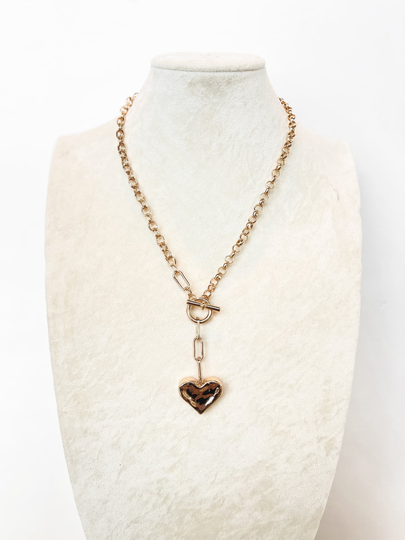 gold chain longer length necklace with drop down heart charm 