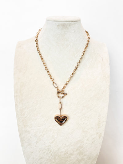 gold chain longer length necklace with drop down heart charm 
