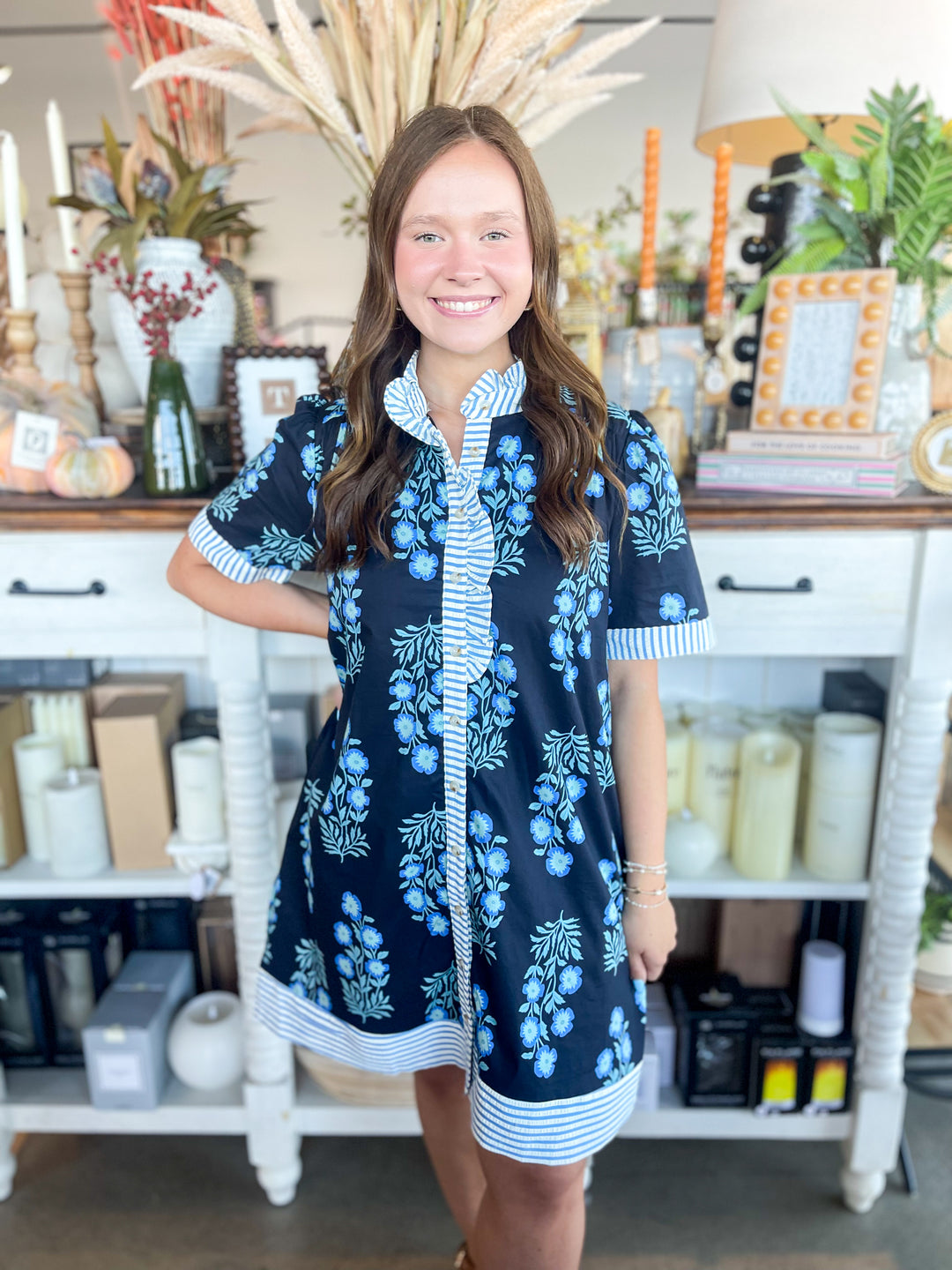 Chinatsu Aoyama × JURK floral blue CC Navy Floral Seersucker Trim Dress – Kenzie Parker