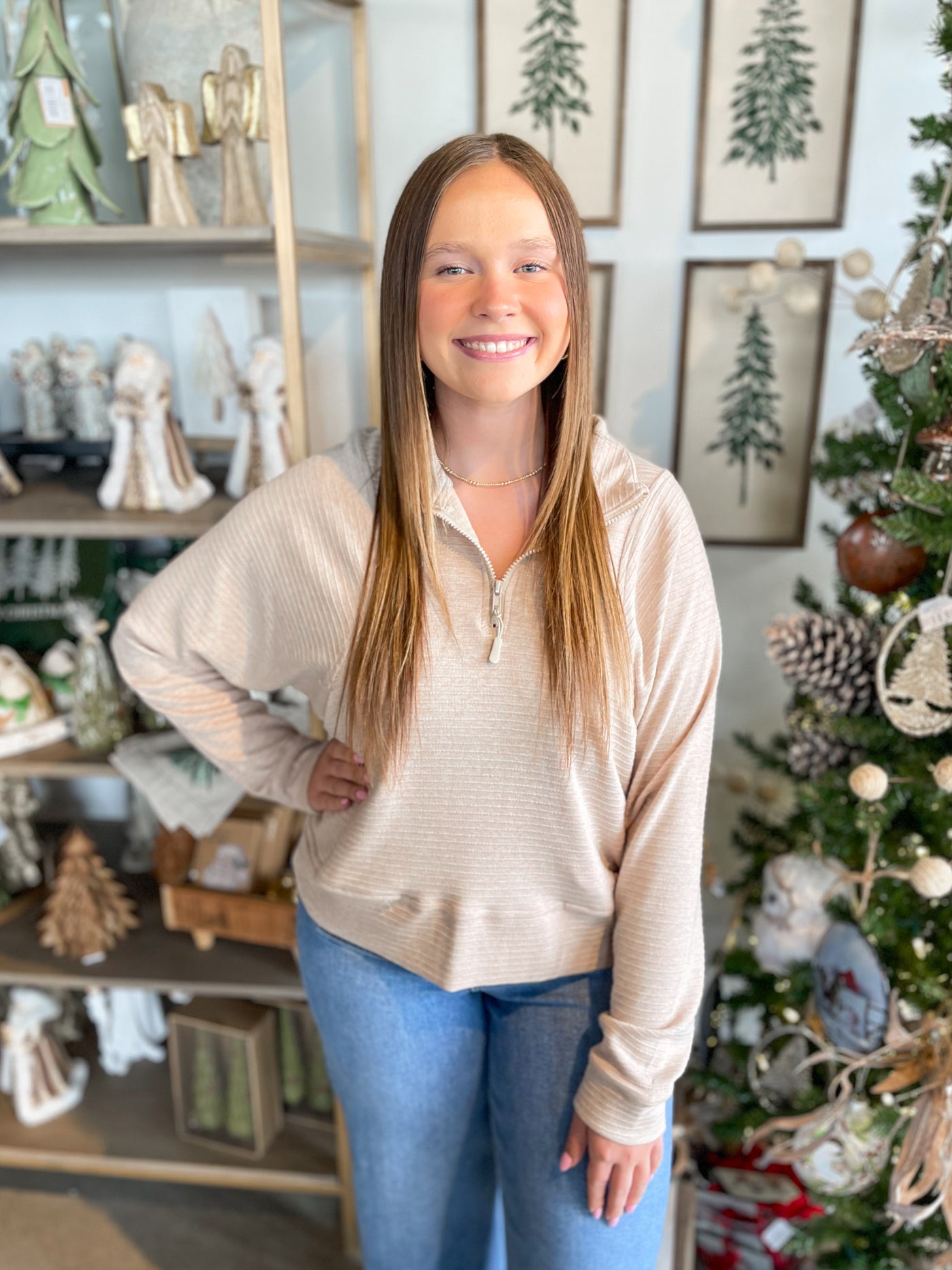 Oatmeal Textured Zip Sweat Shirt