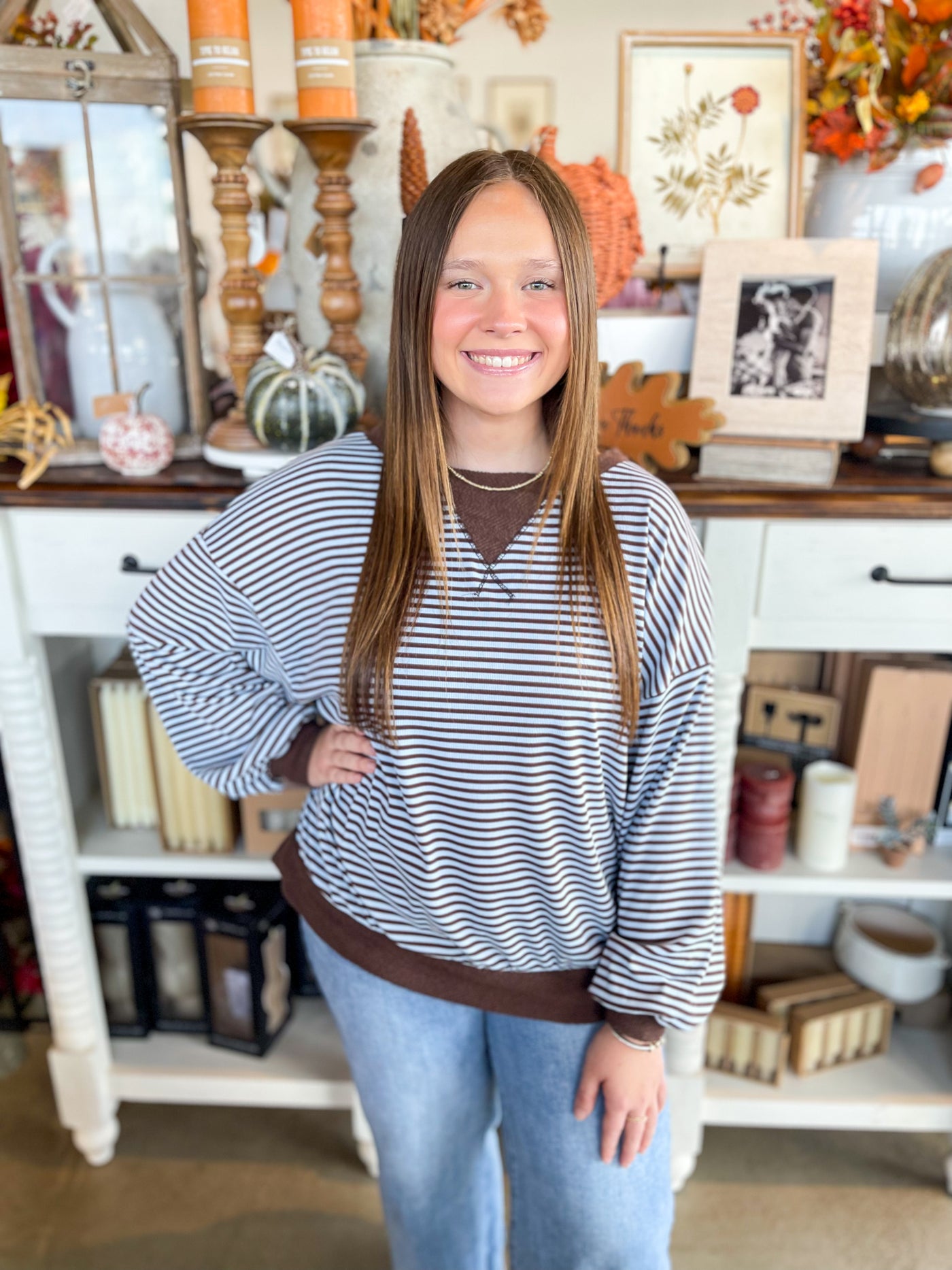comfortable brown and blue knit lightweight sweater 
