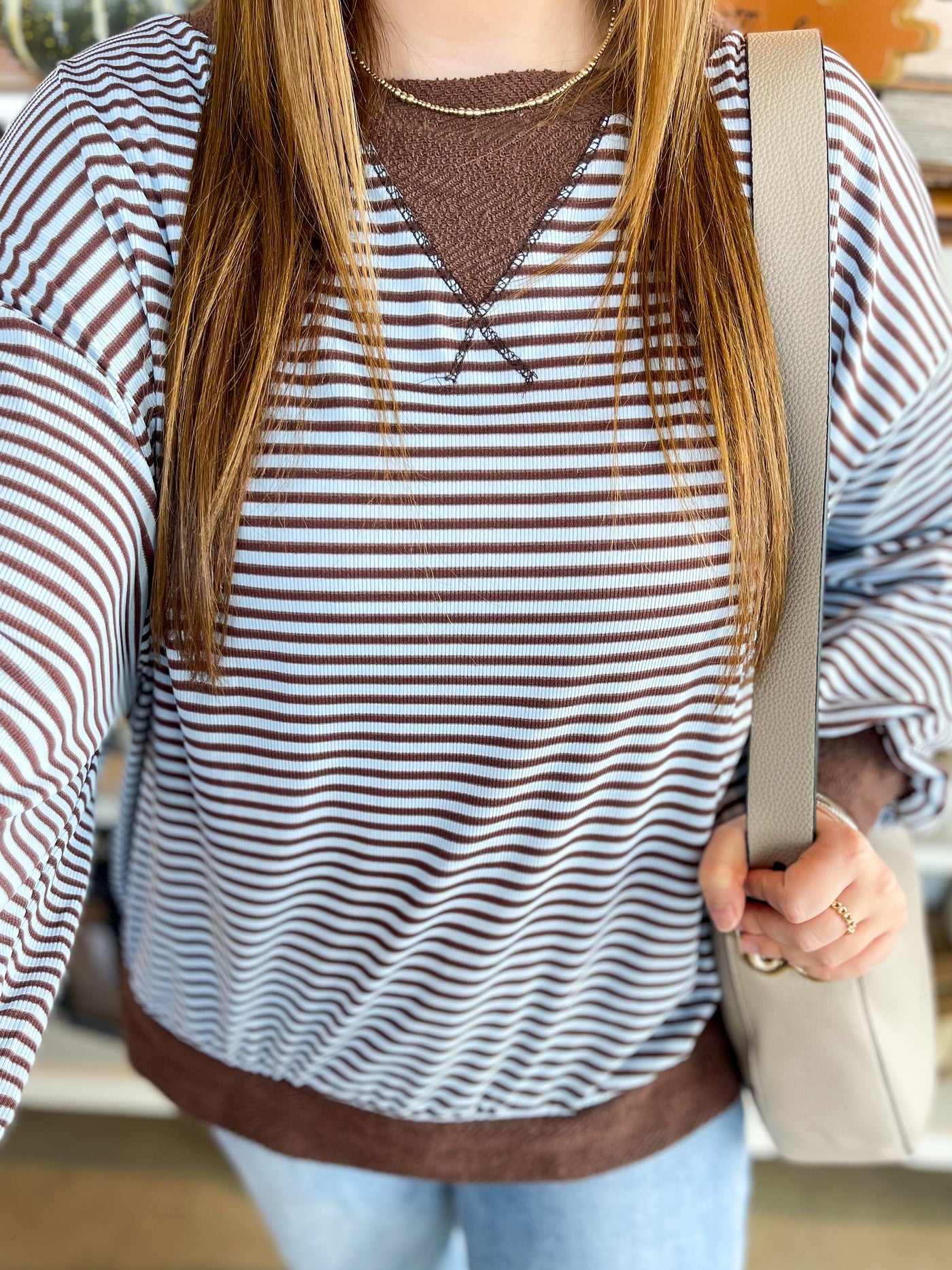 Blue Brown Ribbed Sweatshirt