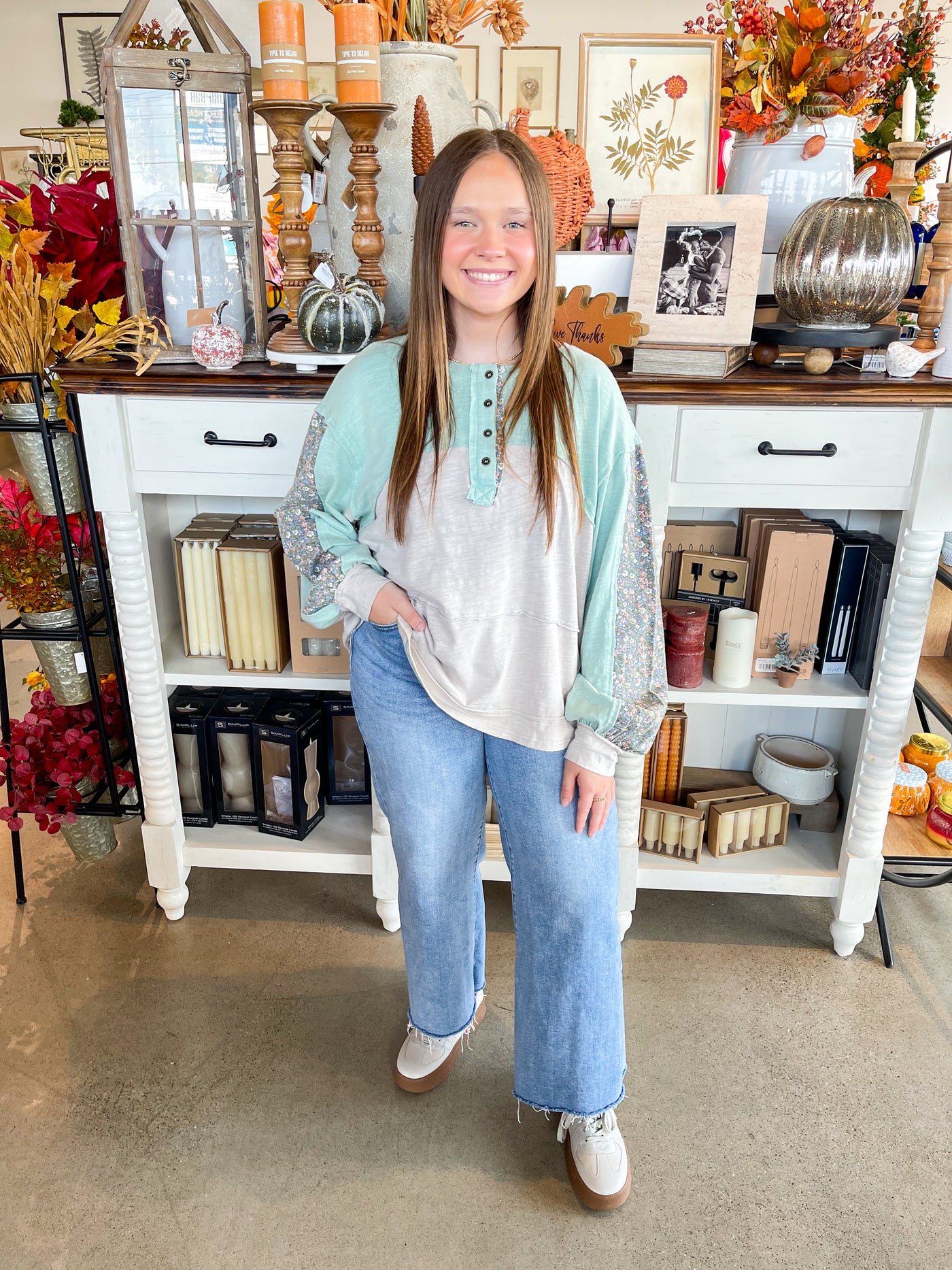 Easel Mint Grey Preston Top