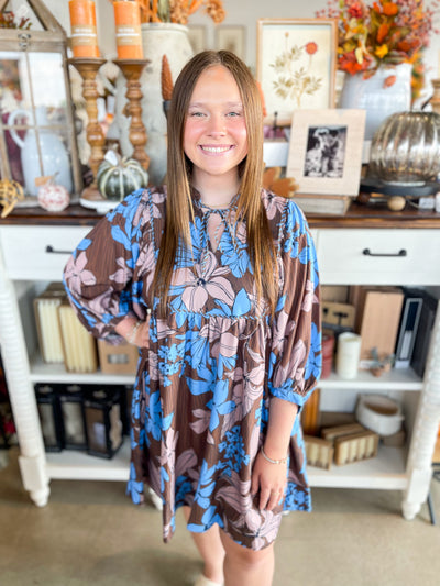 blue, brown, and taupe short floral long sleeve dress 